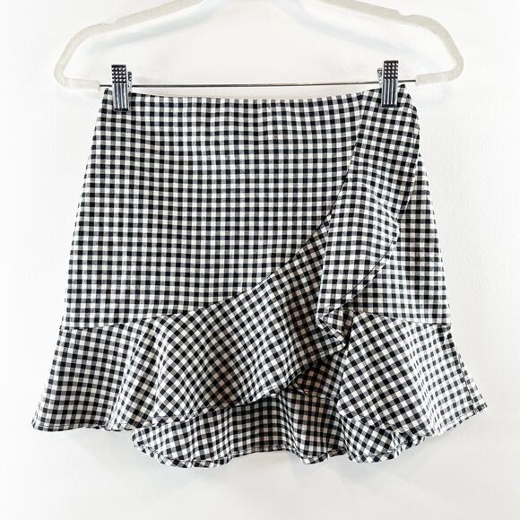 H&M Wrap Front Ruffle Hem Gingham Mini Skirt Black White 6 - Picture 1 of 12